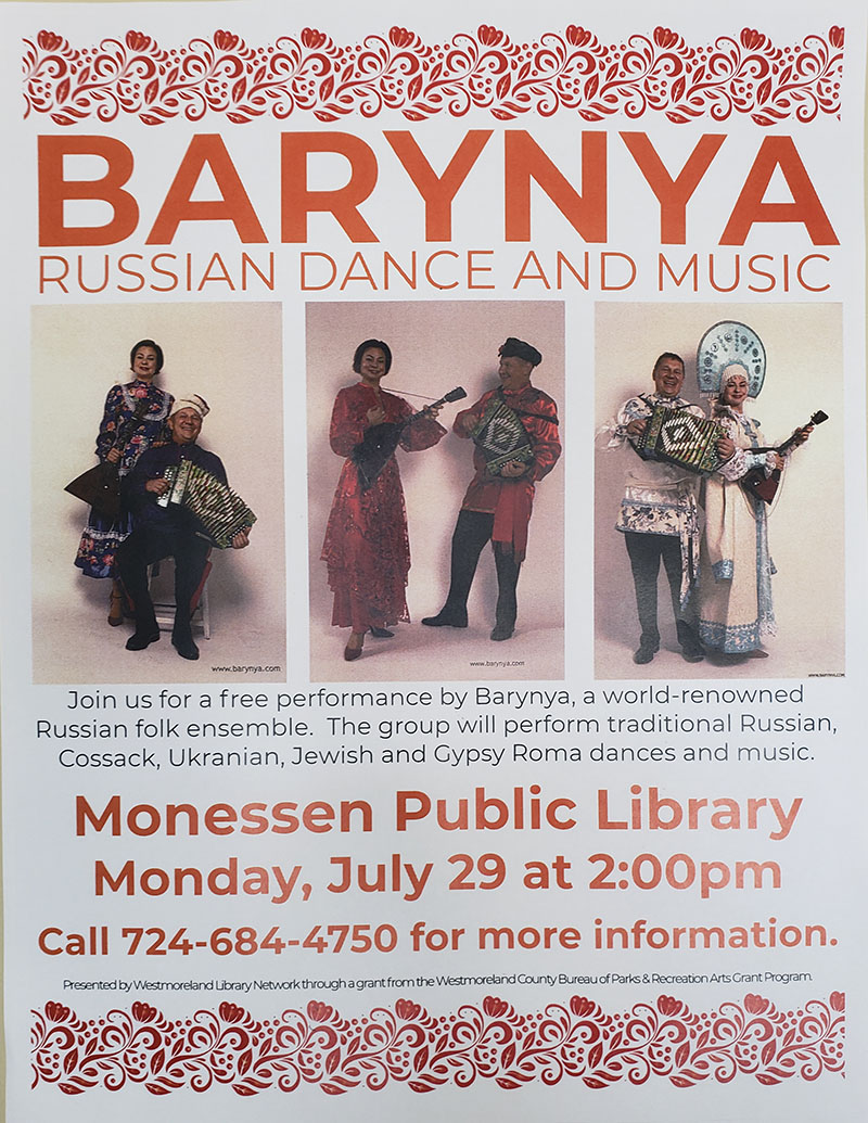 Russian Balalaika Duo, Elina Karokhina, Mikhail Smirnov, Russian, Ukrainian, Jewish, Gypsy, Siberian Nanai dances, music, songs, balalaika, garmoshka, Monday, July 29th, 2019, performance at the Monessen Public Library,  326 Donner Ave. Monessen, PA 15062