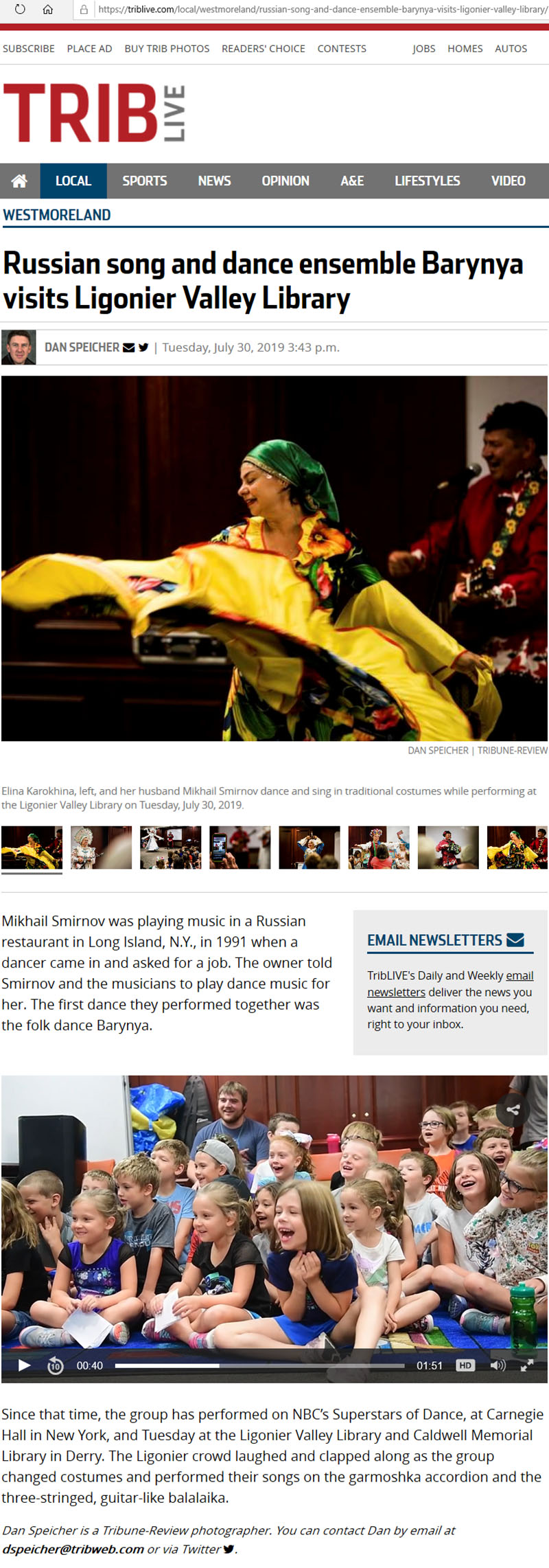 Russian song and dance ensemble Barynya visits Ligonier Valley Library,  Scan of article by Dan Speicher, a Tribune-Review photographer, Ligonier Valley Library,  120 W. Main Street, Ligonier, PA 15658, Russian Balalaika Duo, Elina Karokhina, Mikhail Smirnov, Russian, Ukrainian, Jewish, Gypsy, Siberian Nanai dances, music, songs, balalaika, garmoshka, Tuesday, July 30th, 2019, 10am