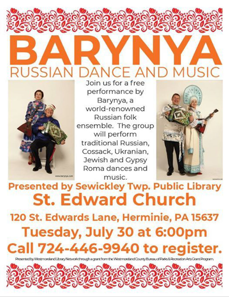 Ensemble Barynya, Mikhail Smirnov and Elina Karokhina, Concert in Herminie Pennsylvania, Tuesday, July 30th, 2019, 6PM, St. Edward Church, 120 St. Edwards Lane, Herminie PA 15637