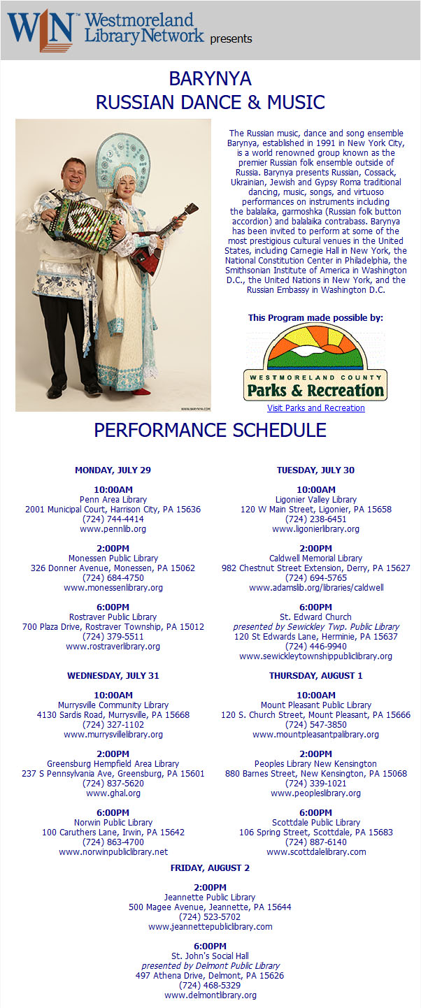 Elina Karokhina, Mikhail Smirnov, Barynya Balalaika Duo public performance at the St. Johns Social Hall, 497 Athena Drive, Delmont, PA 15626 on Friday, August 2nd, 2019, 6pm, performance sponsored by Delmont Public Library