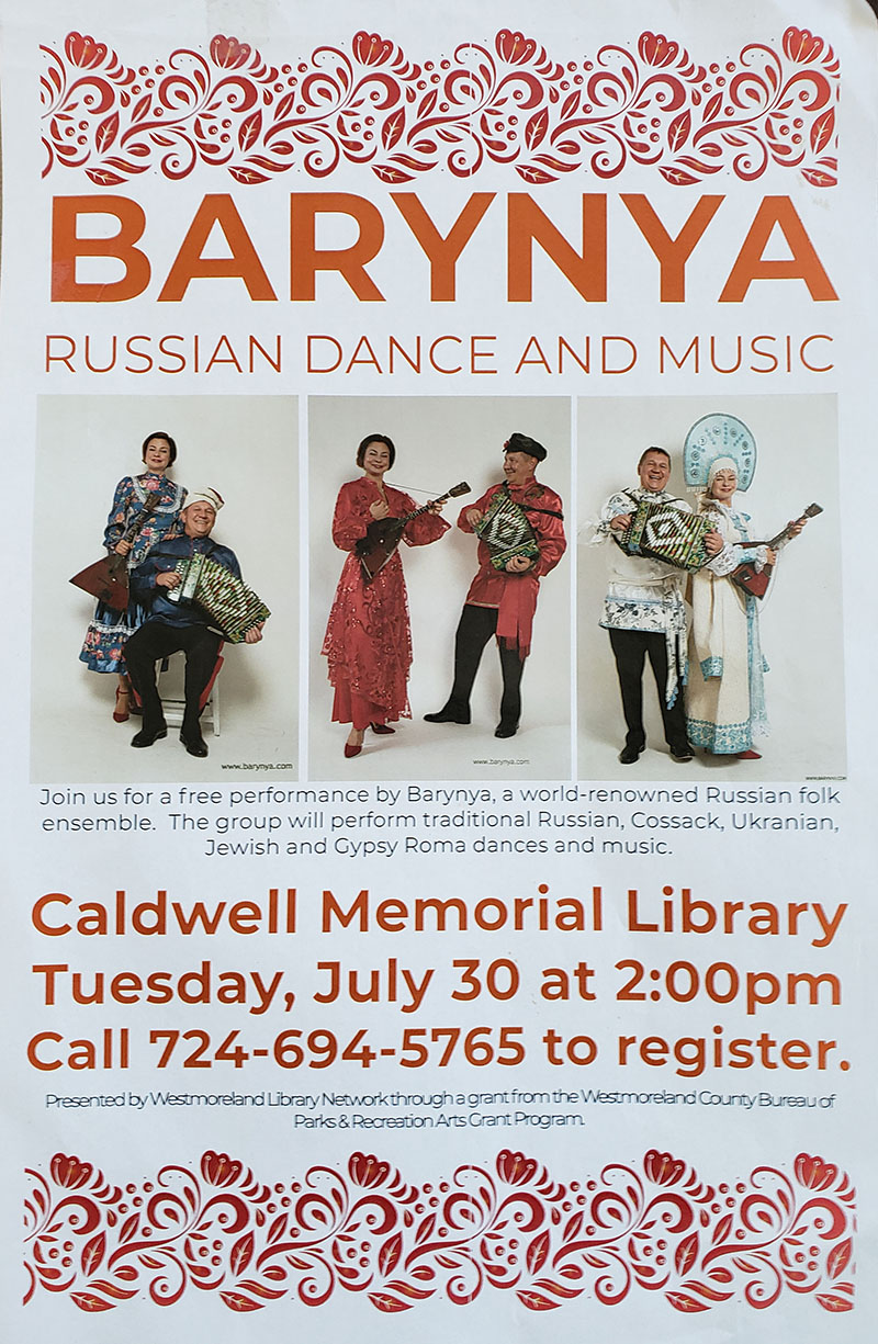 Barynya Balalaika Duo, Mikhail Smirnov, Elina Karokhina, Caldwell Memorial Library, 982 Chestnut Street Extension, Derry, PA  15627